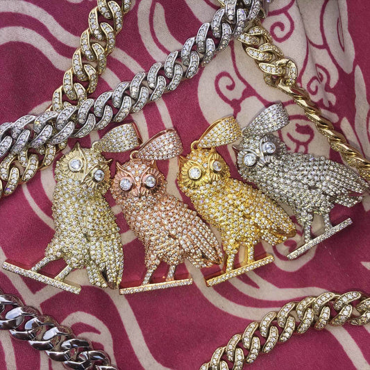 14k Gold Plated Iced Out CZ Owl Bird Pendant Hip Hop Jewelry Tripodjewelry