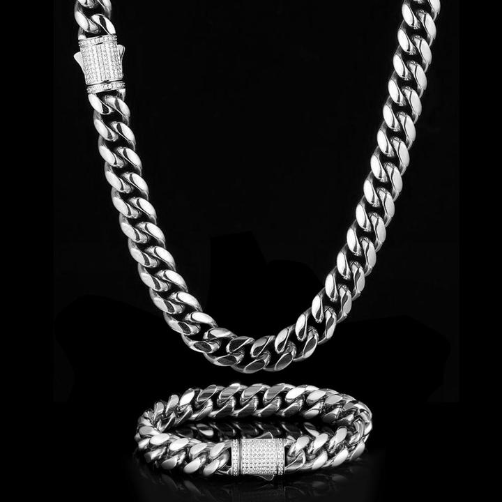 12MM White Gold Plated Iced Out Clasp Miami Cuban Link Chain Bracelet Set