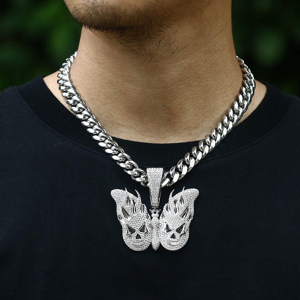 White Gold Iced Evil Butterfly Pendant Tripodjewelry