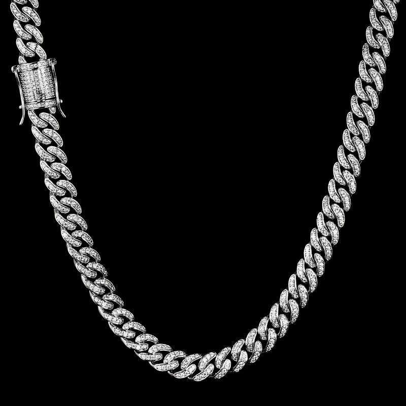 8MM White Gold Plated Iced Out Micro Cuban Link Chain Necklace