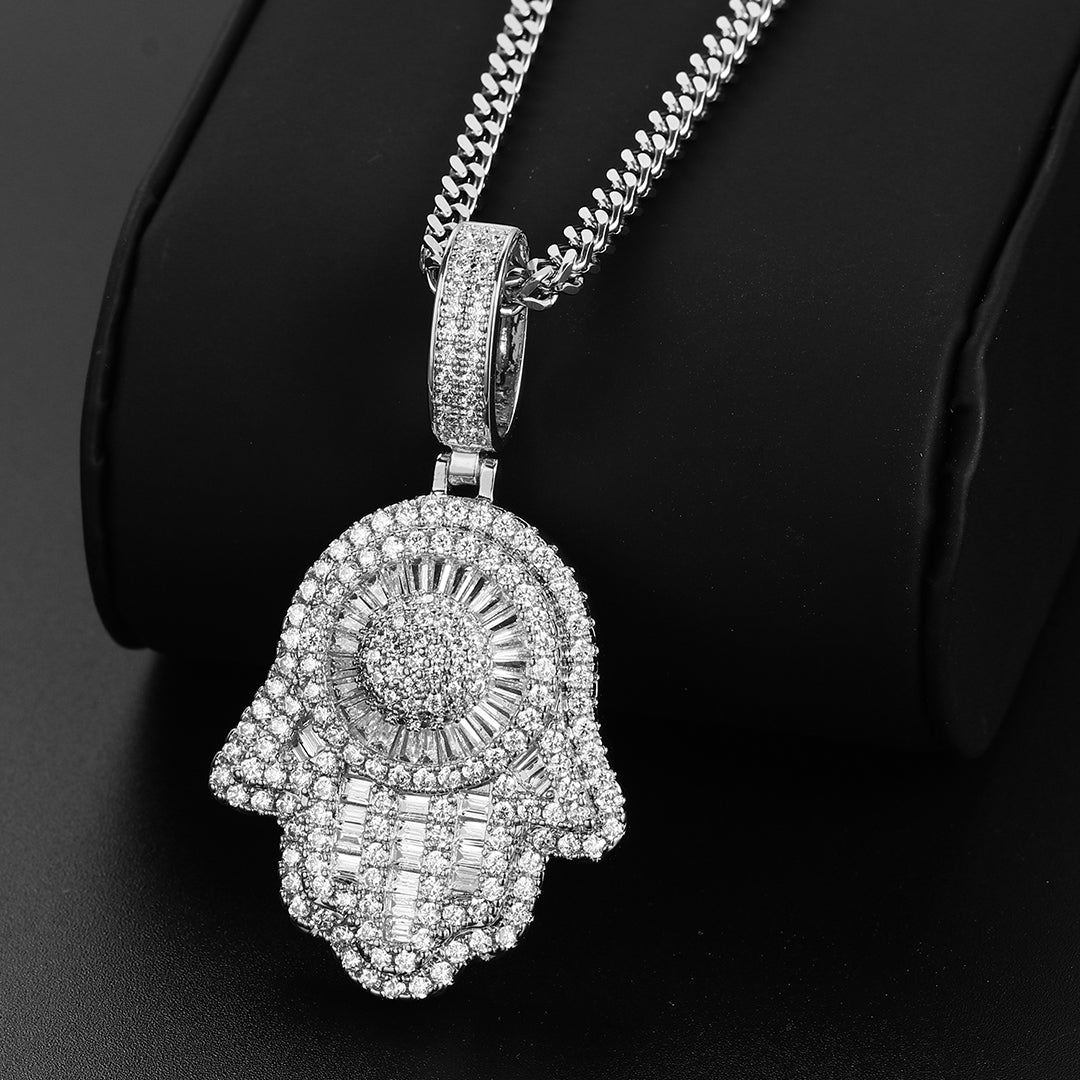 White Gold Baguette Iced Out Hamsa Hand Pendant