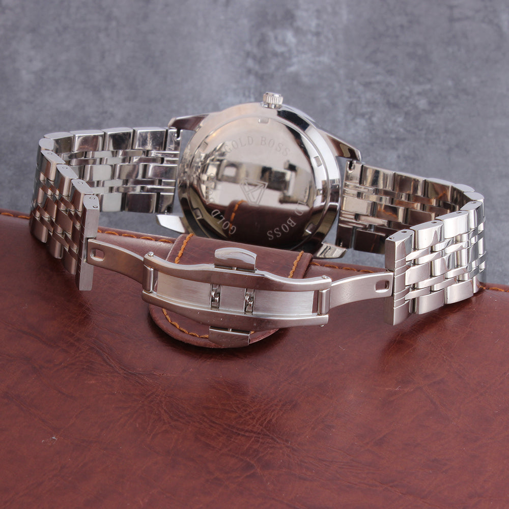 White Gold Plated Black Dial Stainless Steel Diamond Watch