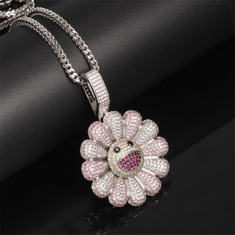 White Gold Plated Iced Out Sunflower Pendant Tripodjewelry