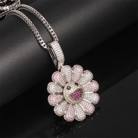 White Gold Plated Iced Out Sunflower Pendant Tripodjewelry