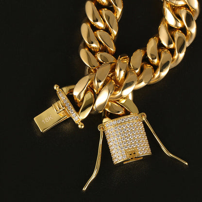 18K Gold Plated Solid Stainless Steel Iced Out Miami Cuban Link Bracelet For Men
