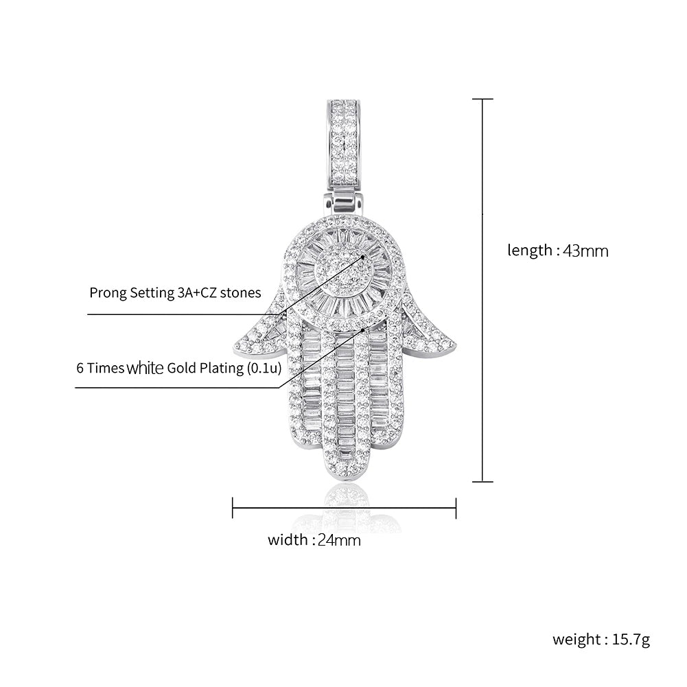 White Gold Baguette Iced Out Hamsa Hand Pendant