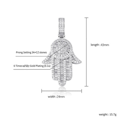 White Gold Baguette Iced Out Hamsa Hand Pendant