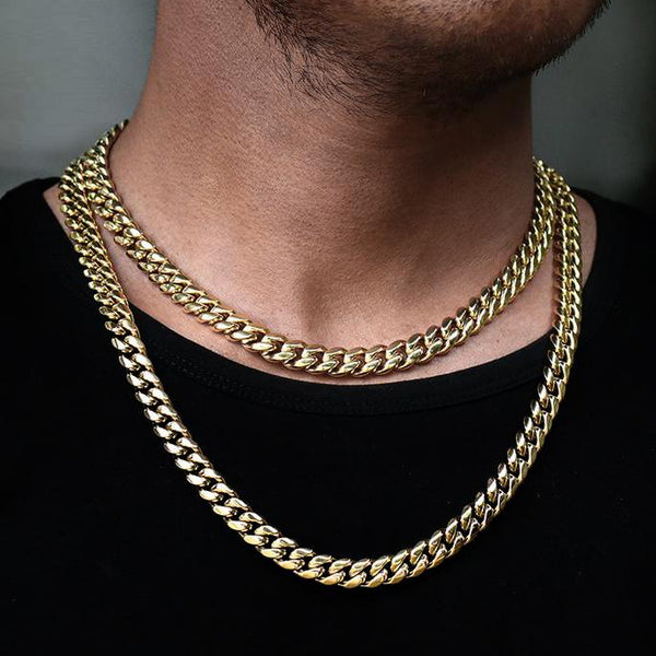 14K Gold Plated Iced Out Clasp Mens Miami Cuban Link Chain Necklace Stainless Steel 6-14MM