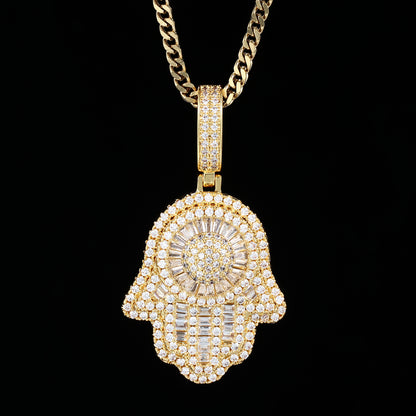 18K Gold Baguette Iced Out Hamsa Hand Pendant Hip Hop