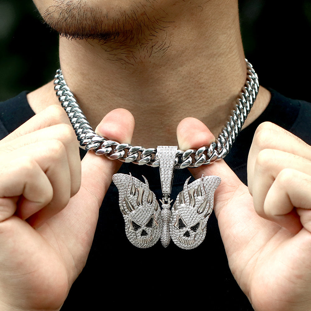 White Gold Iced Evil Butterfly Pendant Tripodjewelry