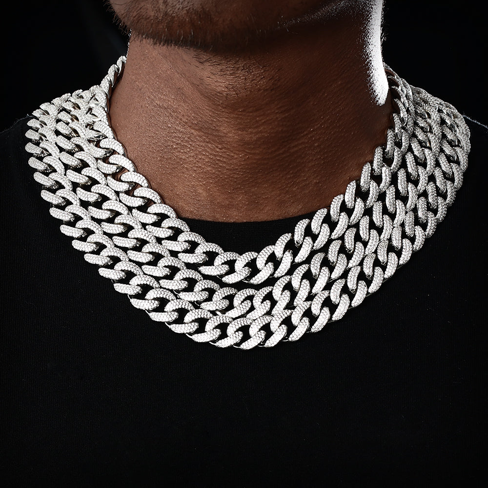 15MM White Gold Plated Chunky Iced out Cuban Link Chain Necklace TRIPOD JEWELRY