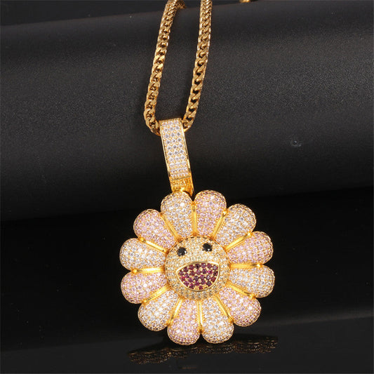 18K Gold Plated Iced Out Sunflower Pendant Tripodjewelry