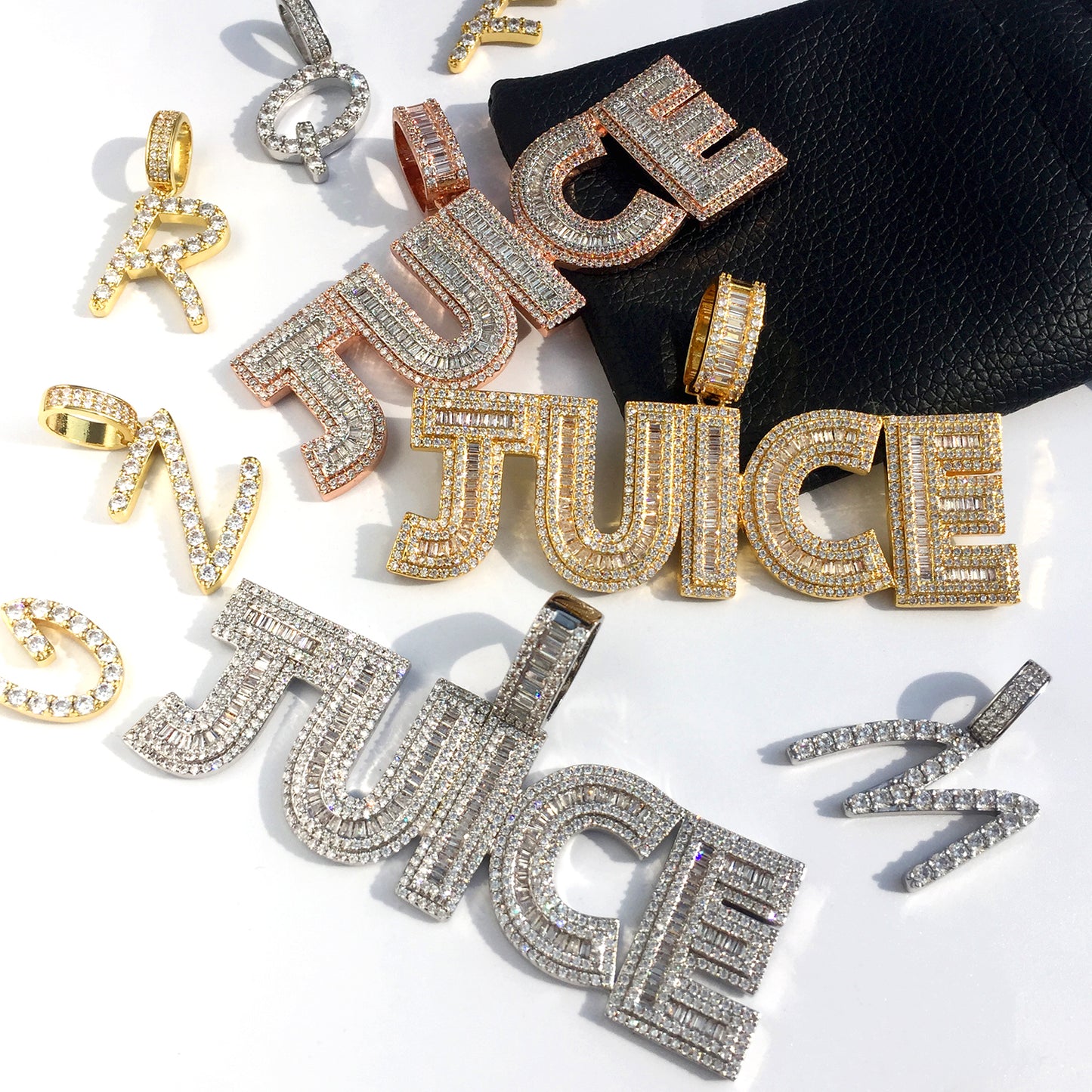 14K/White/Rose Gold Diamond English Letter Juice Pendant