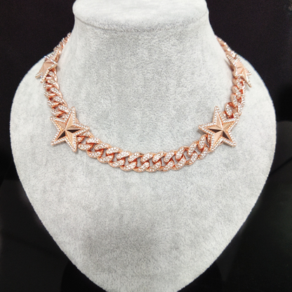 12MM 18K/White/Rose Gold Plated Star Iced Out  Cuban Link Chain Necklace