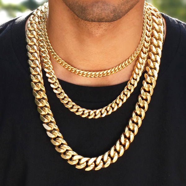 18K Gold Plated Iced Out Clasp Miami Cuban Link Chain Necklace 8-18MM