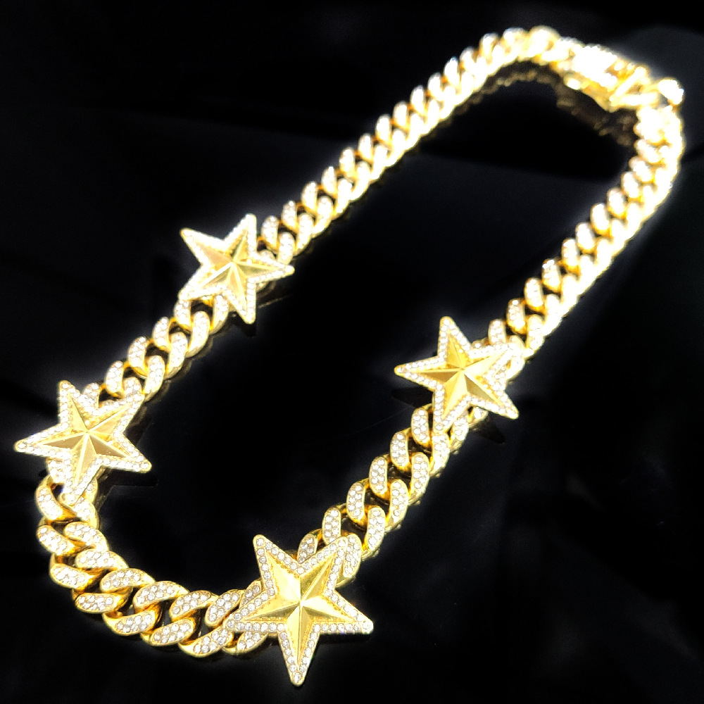 12MM 18K/White/Rose Gold Plated Star Iced Out  Cuban Link Chain Necklace