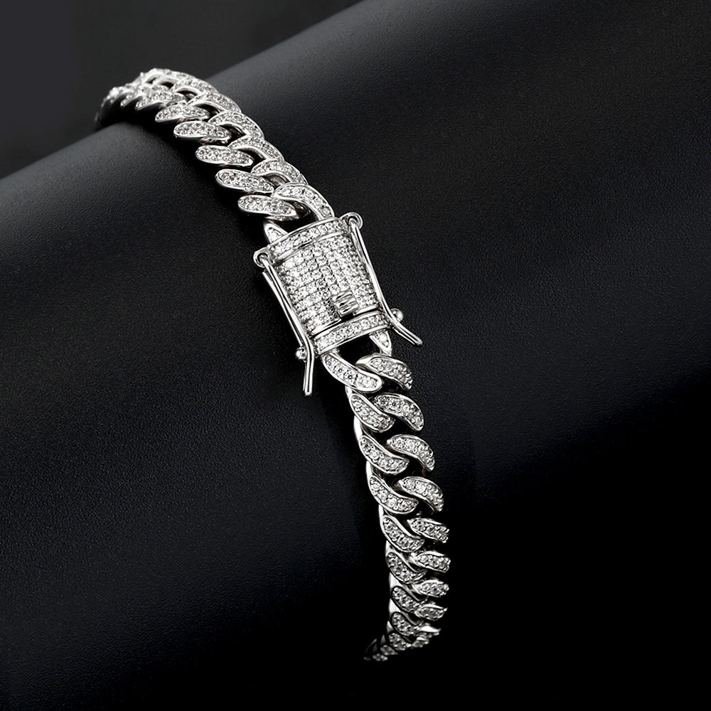 8MM White Gold Plated Iced Out Micro Cuban Link Bracelet