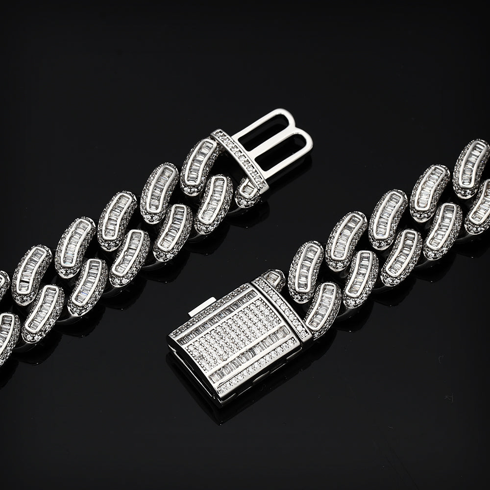 18MM White Gold Plated Iced Out Baguette Cuban Link Chain Necklace