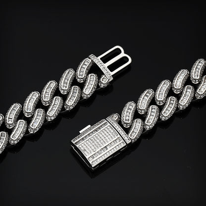 18MM White Gold Plated Iced Out Baguette Cuban Link Chain Necklace