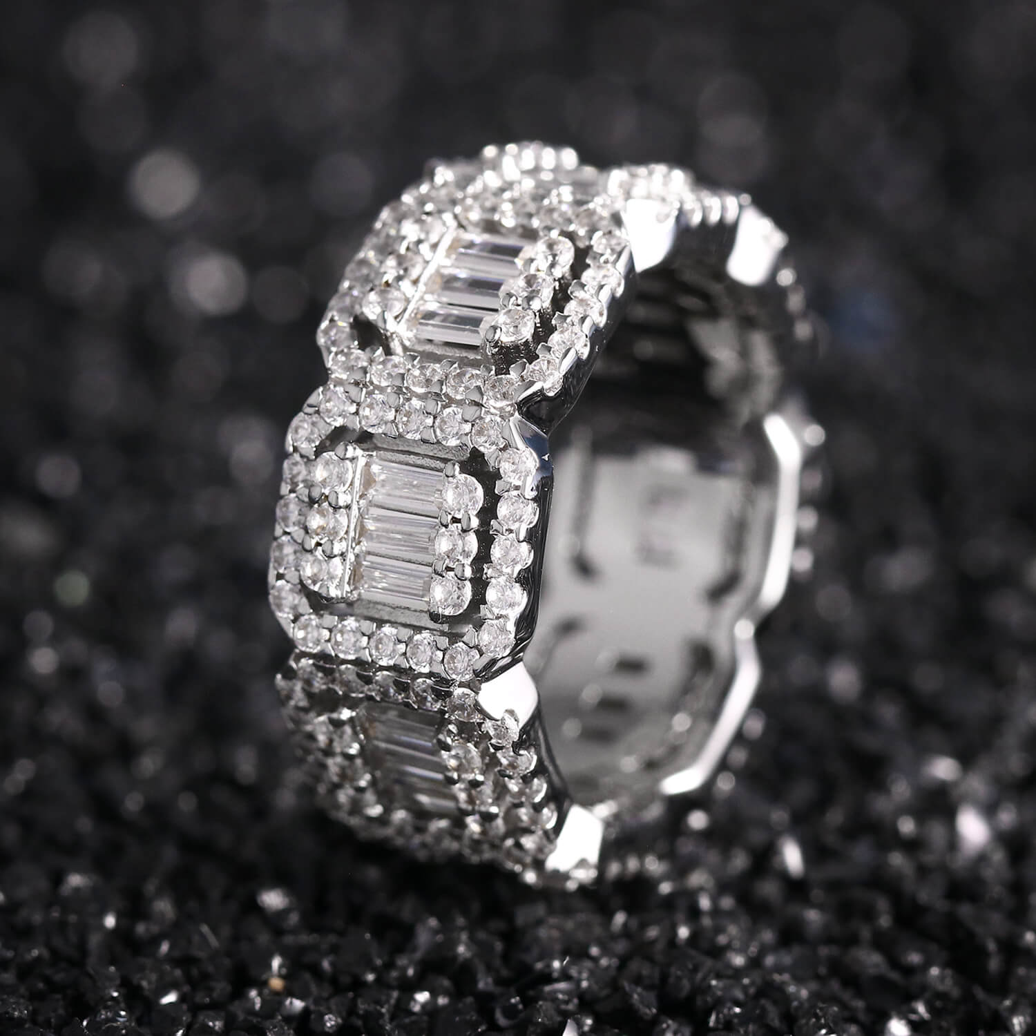 White Gold Iced Out Four Claws Baguette Ring Tripodjewelry