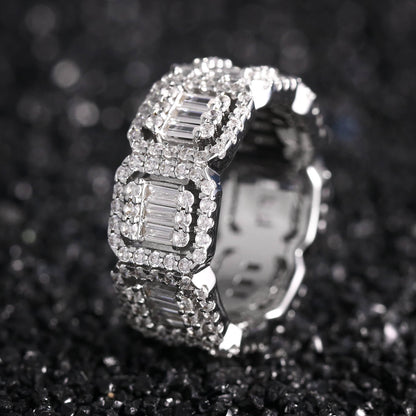 White Gold Iced Out Four Claws Baguette Ring Tripodjewelry
