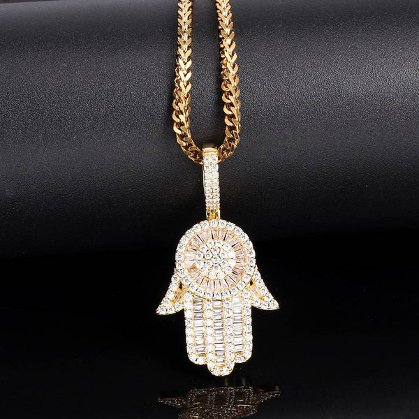 18K Gold Baguette Iced Out Hamsa Hand Pendant