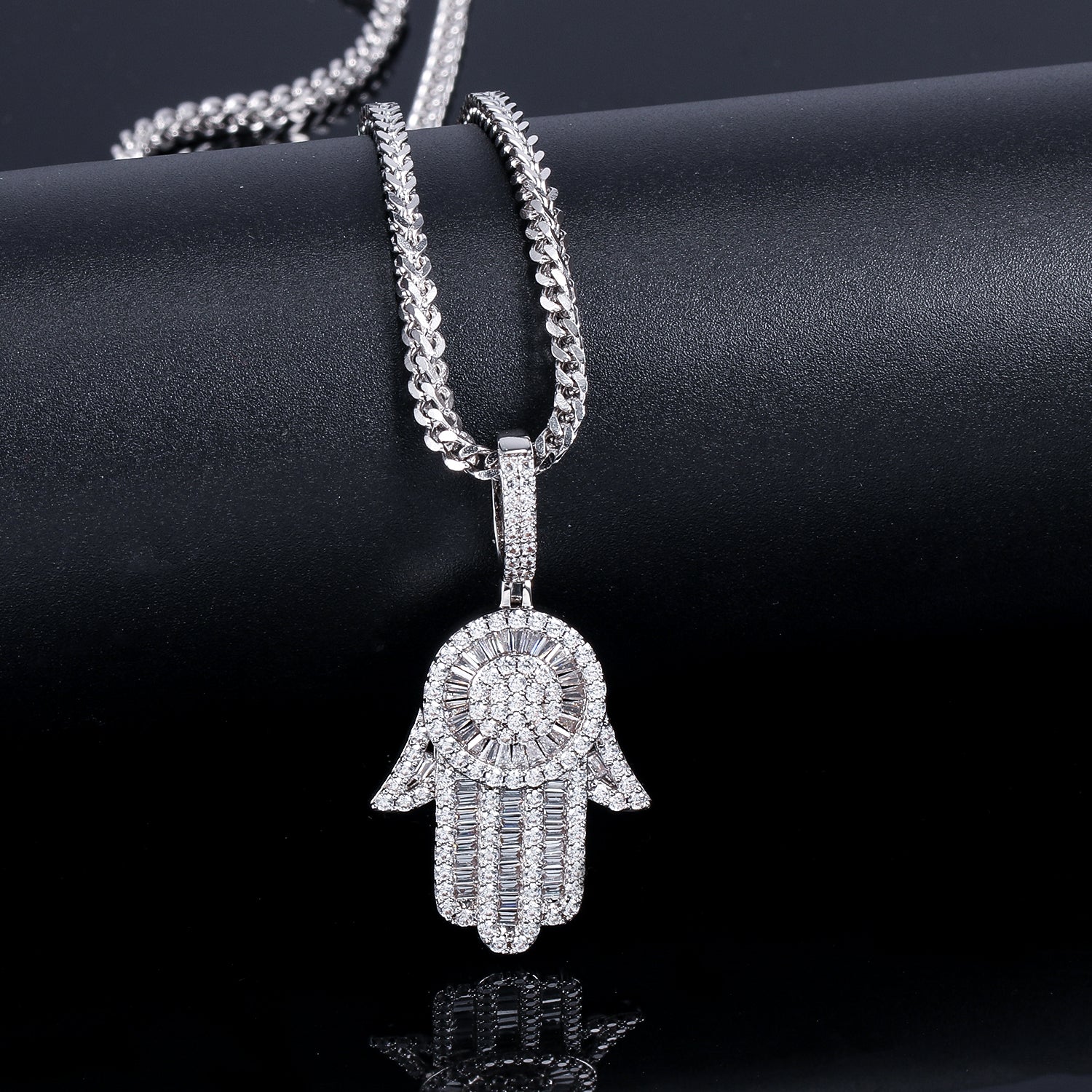 White Gold Baguette Iced Out Hamsa Hand Pendant - Tripodjewelry