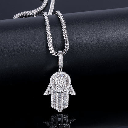 White Gold Baguette Iced Out Hamsa Hand Pendant - Tripodjewelry