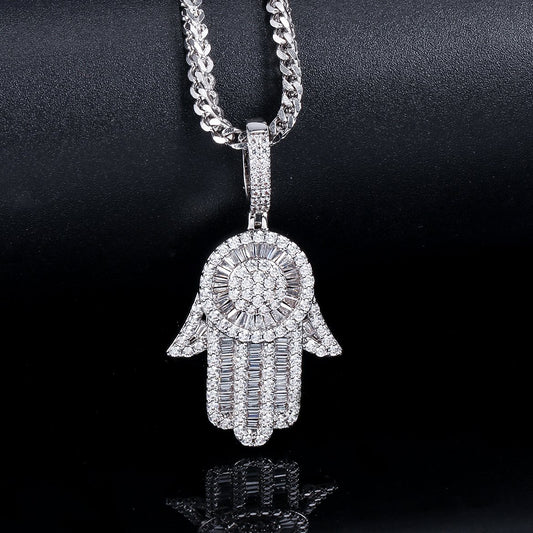 White Gold Baguette Iced Out Hamsa Hand Pendant