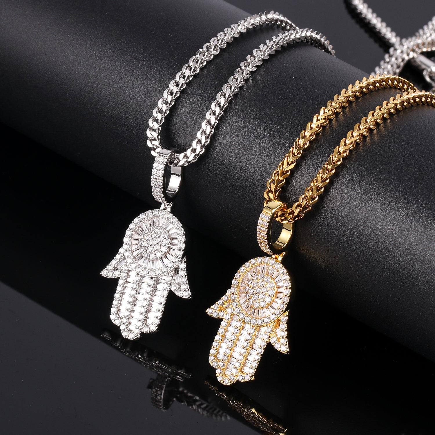 White Gold Baguette Iced Out Hamsa Hand Pendant - Tripodjewelry