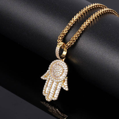 18K Gold Baguette Iced Out Hamsa Hand Pendant