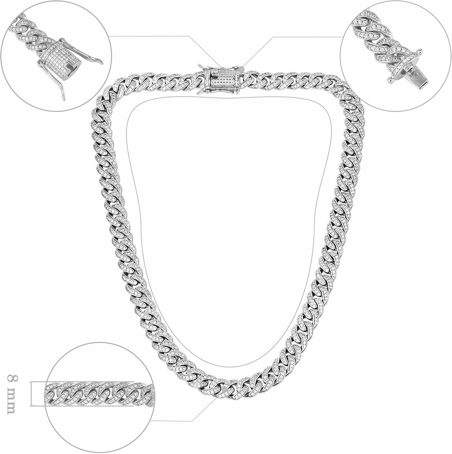 8MM White Gold Plated Iced Out Micro Cuban Link Chain Necklace