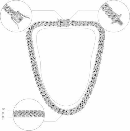 8MM White Gold Plated Iced Out Micro Cuban Link Chain Necklace