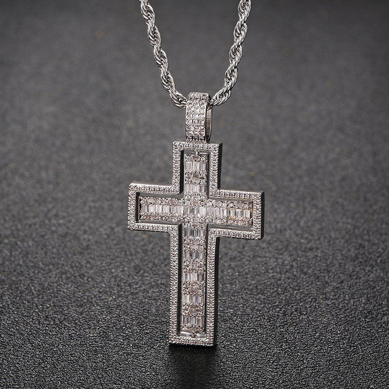 White Gold Iced 2 Sides Cross Pendant