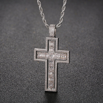 White Gold Iced 2 Sides Cross Pendant