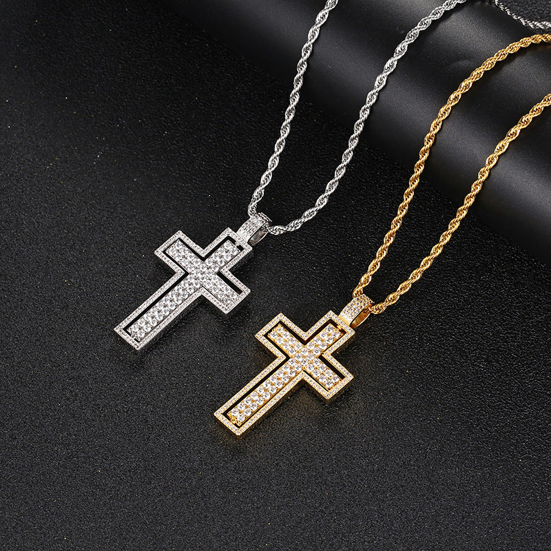 White Gold Iced 2 Sides Cross Pendant