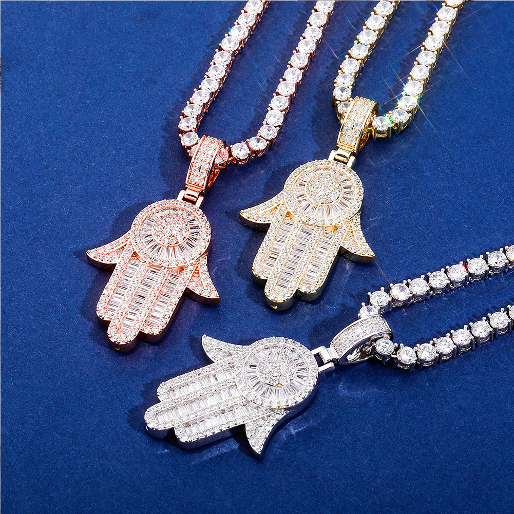 Rose Gold Baguette Iced Out Hamsa Hand Pendant Tripodjewelry