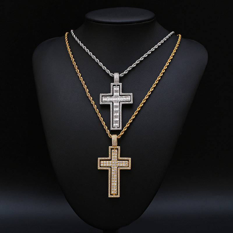 White Gold Iced 2 Sides Cross Pendant