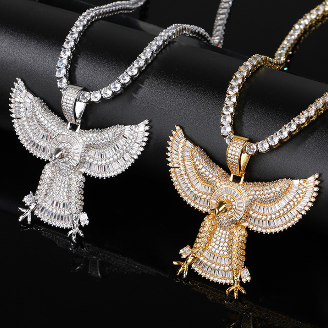 18k/White Gold Iced Out Winged Eagle Pendant Necklace For Men Tripodjewelry