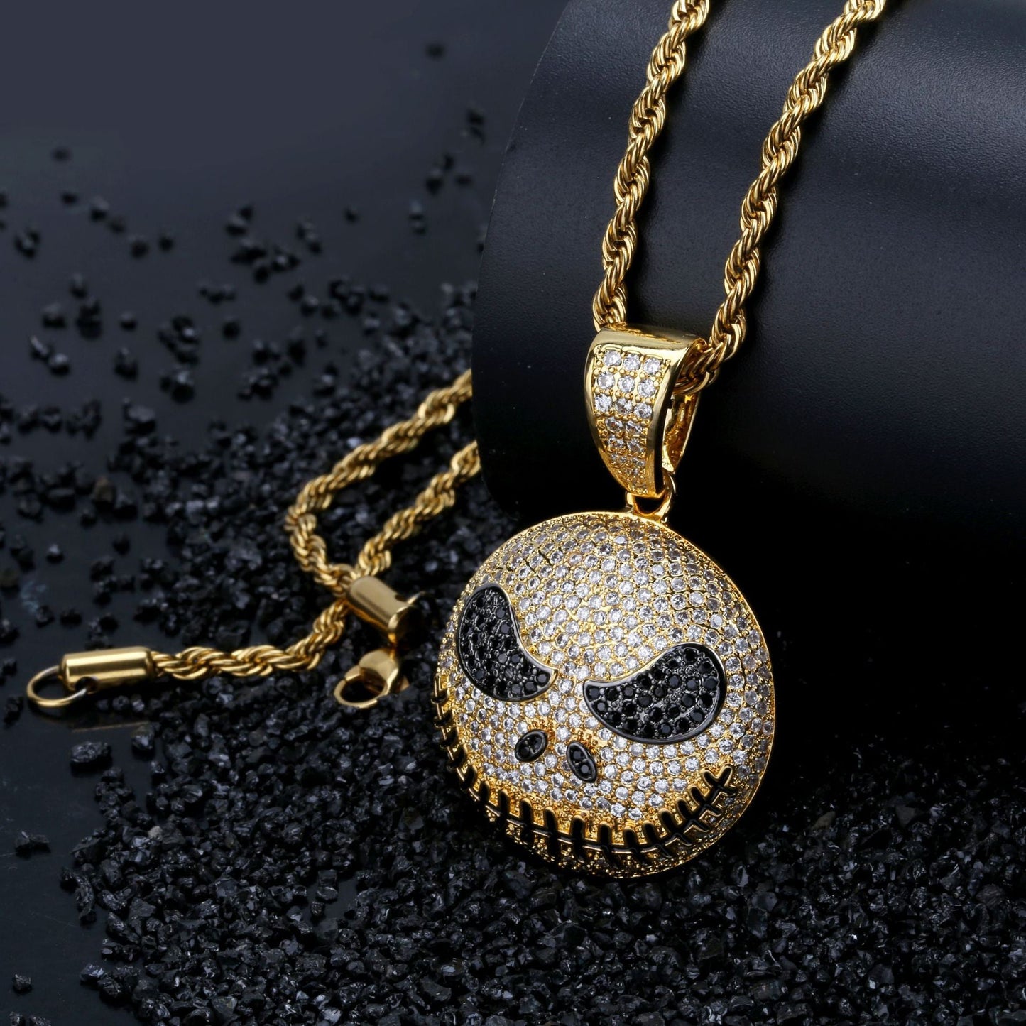 18K Gold Iced Jack Skellington Pendant For Men Tripodjewelry