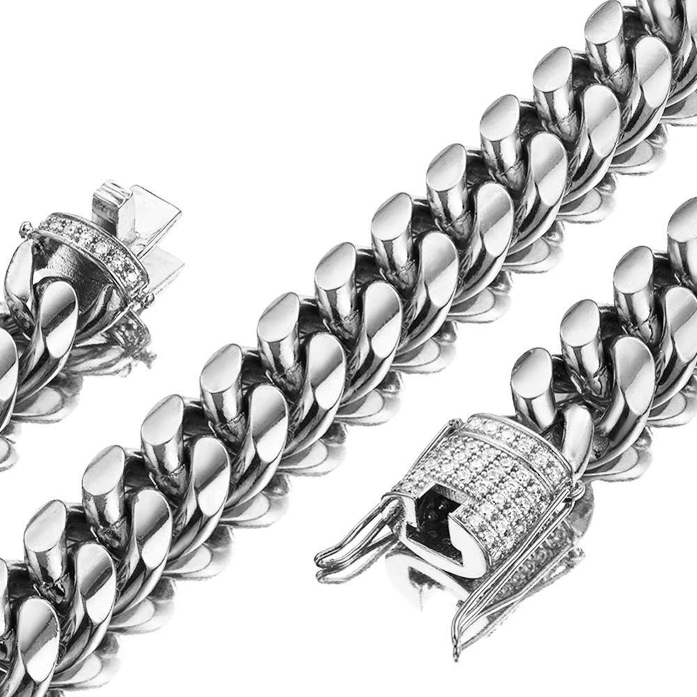 12MM Stainless Steel Iced Out Clasp Miami Cuban Link Chain Bracelect Set