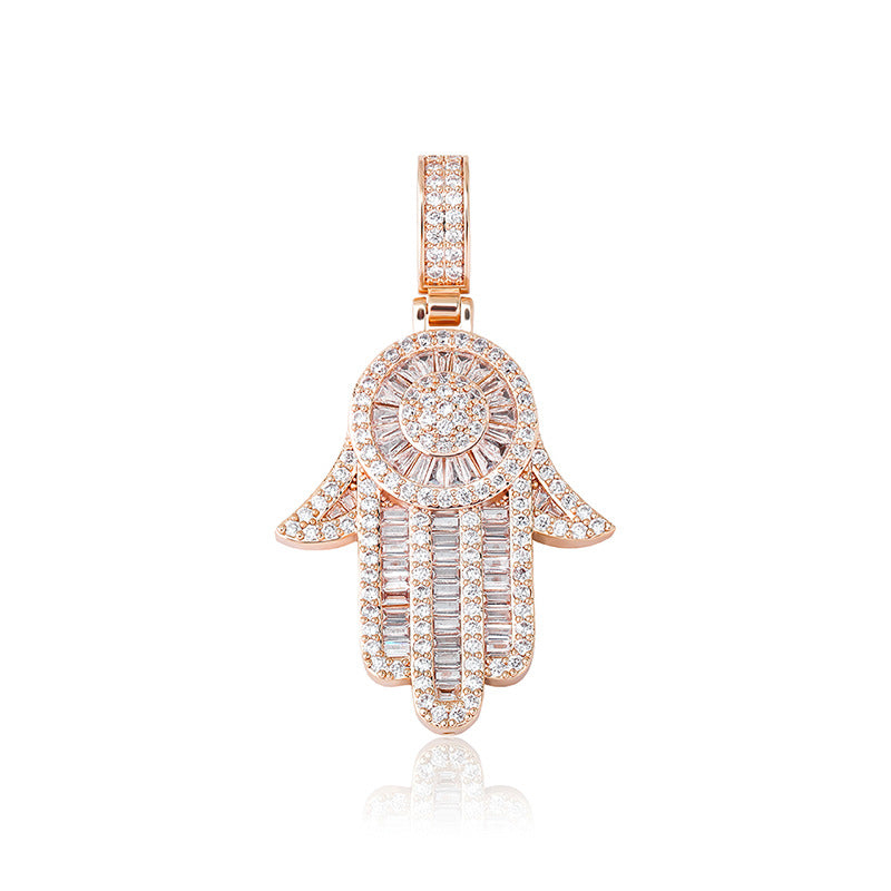 Rose Gold Baguette Iced Out Hamsa Hand Pendant Tripodjewelry
