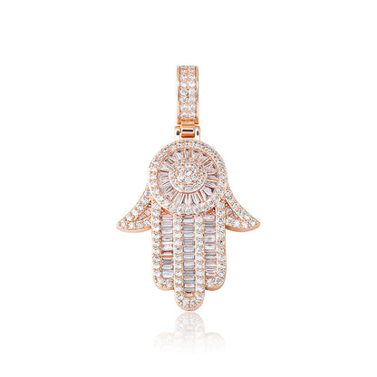 Rose Gold Baguette Iced Out Hamsa Hand Pendant Tripodjewelry