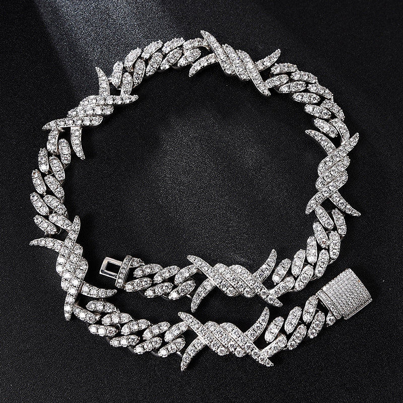 Iced Out Cuban Link Chain White Gold Plated Barb Wire Necklace 18MM