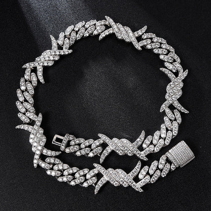 Iced Out Cuban Link Chain White Gold Plated Barb Wire Necklace 18MM
