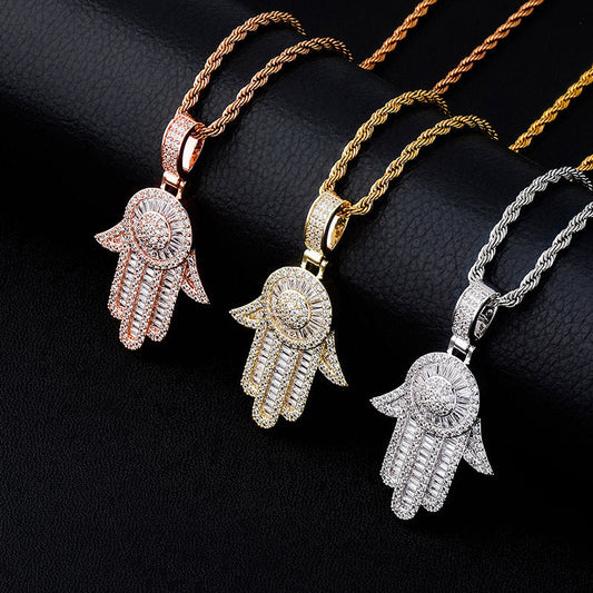 Rose Gold Baguette Iced Out Hamsa Hand Pendant Tripodjewelry