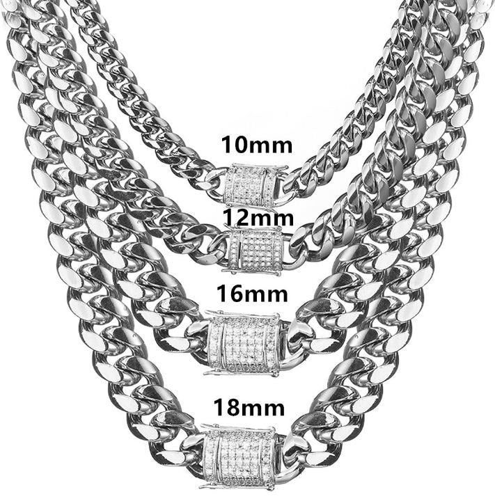 8/10/12/14/16/18MM White Gold Plated  Iced Out Clasp Miami Cuban Link Chain Necklace