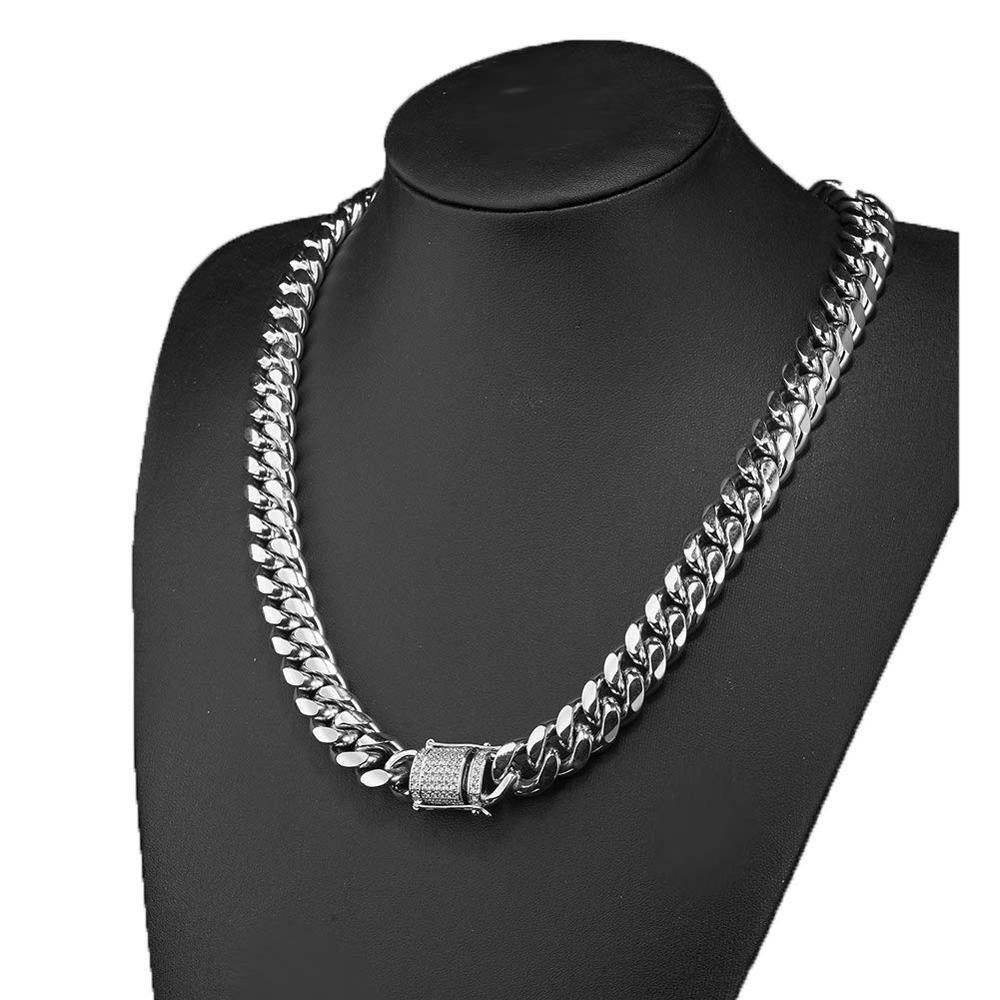 8/10/12/14/16/18MM White Gold Plated  Iced Out Clasp Miami Cuban Link Chain Necklace