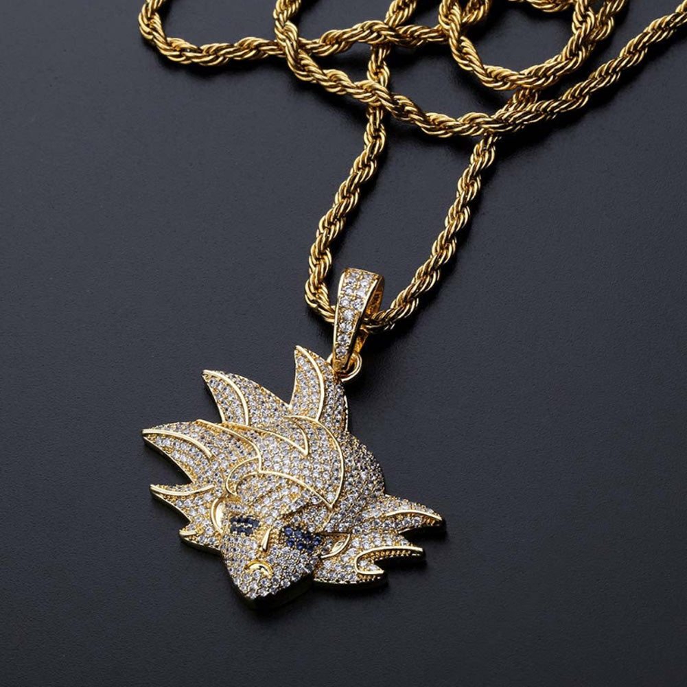 Real 18K Gold Iced Goku Pendant Necklace Tripodjewelry
