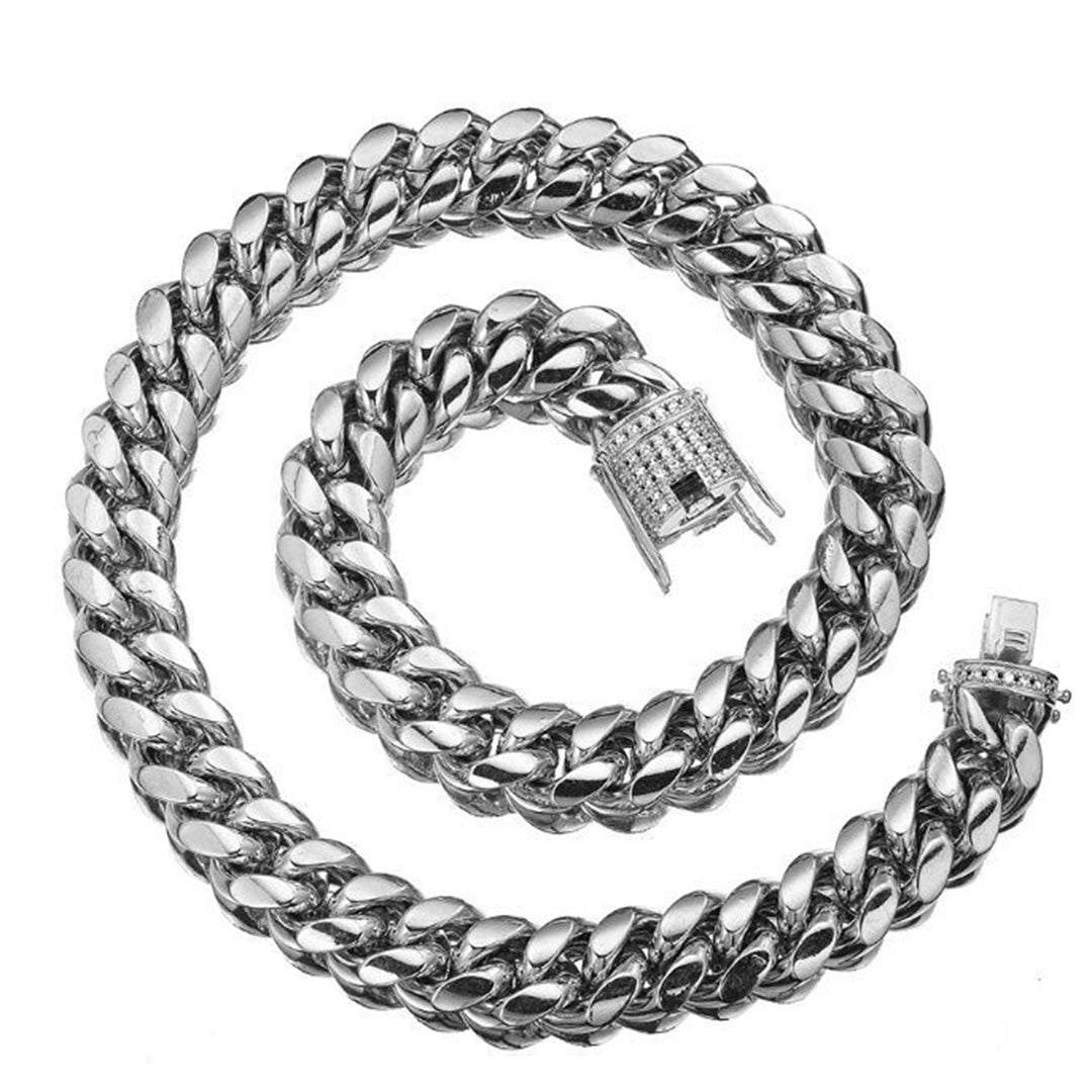 12MM Stainless Steel Iced Out Clasp Miami Cuban Link Chain Bracelect Set